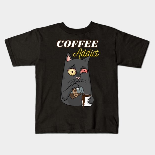 Coffee Addicted Cat Kids T-Shirt by Bro Aesthetics